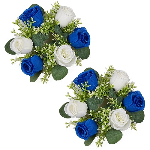 NUPTIO Small Wreath for Table Centerpieces: 9.05 Inch Royal Blue & White Flower Candle Rings for Wedding Party Christmas - Rose Wreaths for Spring Summer Front Door Porch Decor 2 Pcs - color: Royal Blue & White, size: Dia 9.05"-2pcs