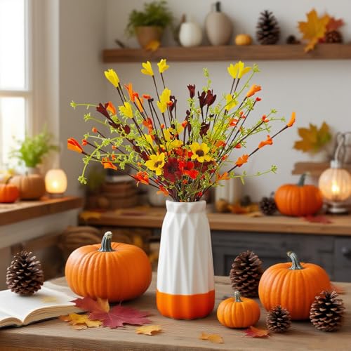 Fall Flowers Artificial for Decoration,6 Pcs Fall Floral Stems with Daisies Forsythia Flowers Berry Leaf Stem for Autumn Harvest Thankgiving Home Table Vase Centerpiece Decor（Yellow Orange Burgundy） - color: Yellow Orange Burgundy