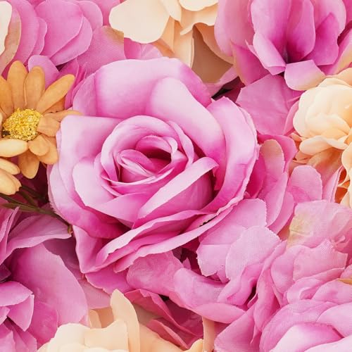 12Pcs Artificial Flower Wall Panel 3D Floral Backdrop Walls 15" X 15" Flower Wall Decor Flower Backdrop Faux Rose Panel for Party Home Background-Champagne, Purple - color: Champagne, Purple, Red