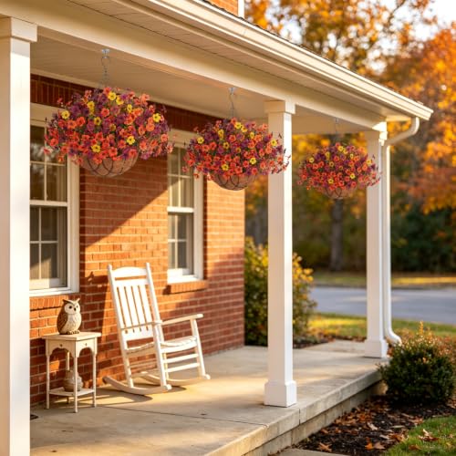 Fake Mums Artificial Fall Flowers with Hanging Baskets Outdoors for Decoration Faux mums for outdoor planters Daisy Flower with Eucalyptus Leaves for Porch Home Patio Balcony and Yard Autumn Decor - color: Orange Brown Yellow