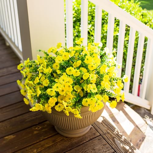 Artificial Flowers for Outdoors Fake Flowers Plants for Spring Summer Decor, 12 Bundles Silk Morning Glory with Eucalyptus Look Real UV Resistant Yellow Faux Flowers for Outside Planters Yard Patio - color: Yellow