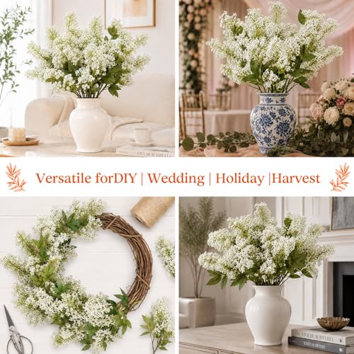 2 Pcs 42 Inch Spring White Faux Berry Stem, Realistic Sedum Stem Spray Artificial Flowers Picks Fake Branches, Farmhouse Mantel Decor for Wedding Holiday Harvest DIY Indoor Outdoor Home Decoration