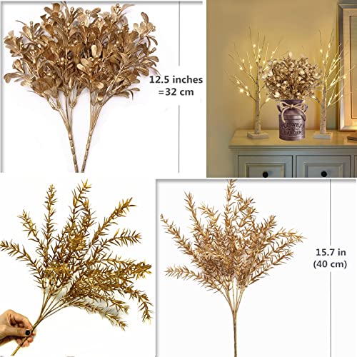 Gold Decorations Artificial Plants, CATTREE Golden Berry Leaves Fake Simulation Spiky Leaf Grass Plastic Faux Shrubs Bushes Ornaments Home Indoor Outdoor Wedding Decor Hall Table Planter Filler 4 Pack - color: Gold Berry Leaves-2 Pcs & Spiky Grass-2 Pcs