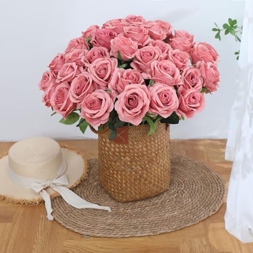 Pink Fake Roses Artificial Flowers - 10 Pcs Fake Artificial Roses Silk Flowers with Stems for Home Wedding Hotel Office Centerpiece Decor（Dusty Pink） - color: Dusty Pink, size: 10 Pcs