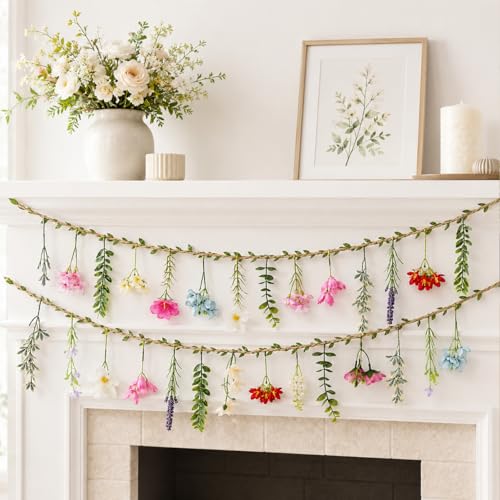 2 PCS 6.5ft Artificial Flower Banner Wildflower Garland Hanging Flowers for Garden Birthday Wedding Tea Party Bridal Shower Home Spring Supplies(Hemp Rope) - color: Hemp