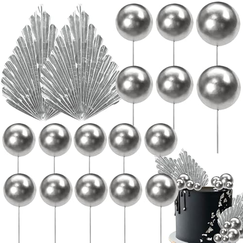 28 Pack Balls Cake Topper Paper Palm Fan Cake Topper Mini Balloon DIY Cake Insert Cake Decorations for Baby Shower Wedding Bridal Shower Birthday Party Decorations Silver - color: Silver