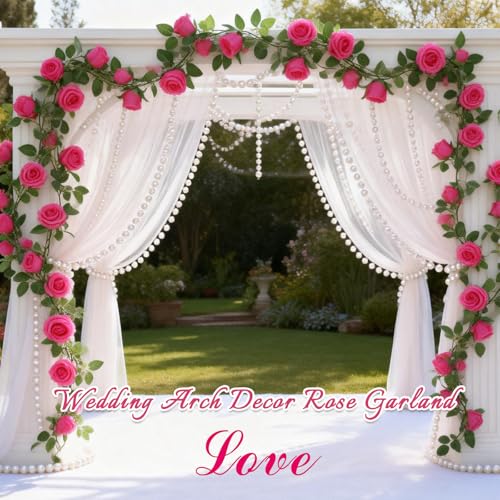 Felice Arts 2 Pack Hot Pink Artificial Floral Garland Each 6.5FT Fake Rose Vine Hanging Spring Garland for Wedding Party Background Table Arrangement Room Teepee Mirror Decor - color: Hot Pink