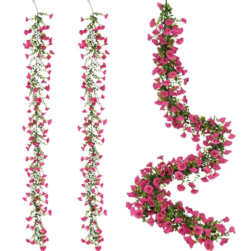 2 Pack Hot Pink Artificial Petunias Flowers Vine Garlands for Outdoor, 6FT Fake Morning Glory Hanging Flowers for Home Garden Table Centerpieces Wall Wedding Decor(Hot Pink) - color: Hot Pink