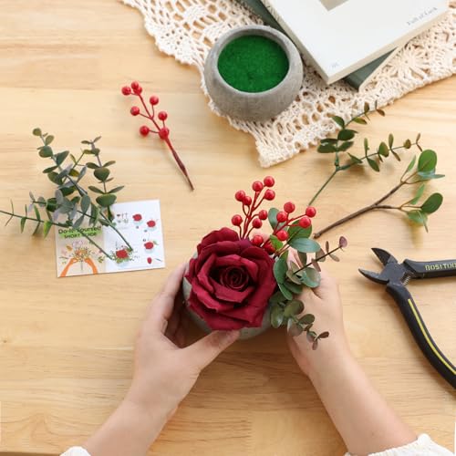 mizii DIY Small Artificial Flowers Potted Kit Fake Flower Realistic Silk Rose and Greenery with Vase for Gifts Table Centerpiece Mantle Office Desk Shelves Living Room Decorations (Burgundy) - color: Burgundy