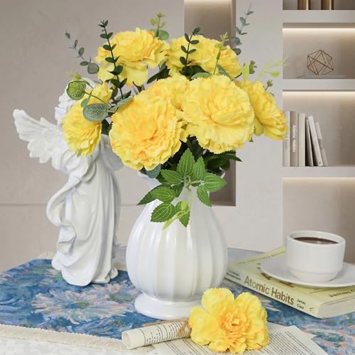Yellow Carnations Artificial Flowers 10Pcs Large Carnations Flower Heads Lush Silk Flowers Bouquet with Stems for Wedding Bouquets Bridal Home Table Centerpieces(Yellow) - color: Yellow