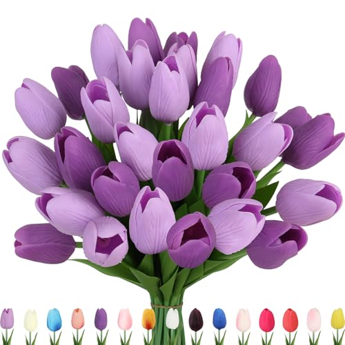 Artificial Tulips Flowers Fake Latex Tulip Stems - 30pcs Real Touch Faux Multicolor Tulips Flower for Easter Spring Wedding Bouquet Centerpiece Floral Arrangement Cemetery Table Decor - color: Purple, Lavender Purple