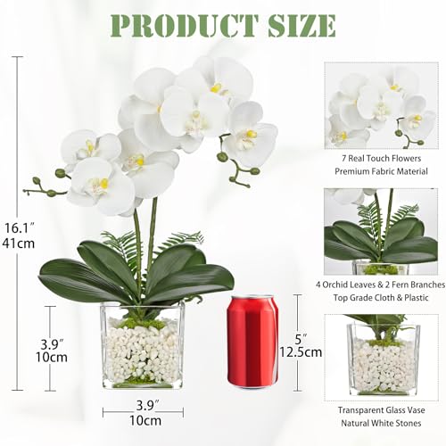 White Orchids Artificial Flowers 16.1" Faux Orchids Plant in Pot Fake Flower Arrangements with Glass Vases Small White Centerpieces for Kitchen Dining Room Tables Bathroom Nightstand Shelf Desk Decor - color: White Orchid &White Stones