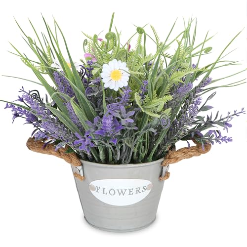 Artificial Lavender Plant 10" Purple Flowers with White Daisy in Galvanized Pot - Farmhouse Decor for Home Living Room Bedroom Bathroom Coffee Table - color: Lavender Flowerr With White Daisy