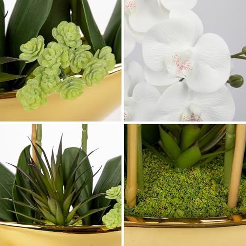 Briful Orchid Artificial Flowers 17in White Fake Orchid Silk Flowers with Gold Ceramic Pot Faux Orchid Arrangement for Home Office Room Coffee Table Centerpiece Modern Decoration - color: White Gold#2