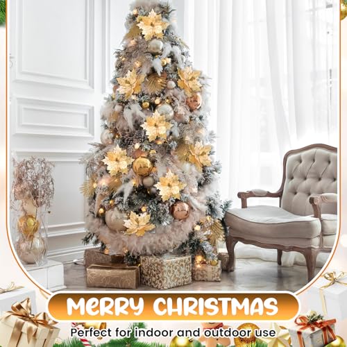 Deekin 12 Pcs 8.5 Inch Poinsettia Artificial Christmas Large Flower with Clips and 4.72 Inch Floral Picks Christmas Tree Decoration Fake Poinsettias Ornaments DIY Xmas Wreath Party Decor(Gold)