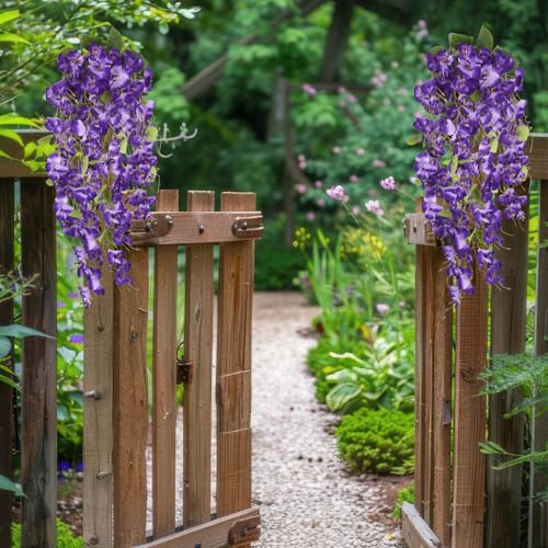 2 Pcs Fake Hibiscus Flowers Artificial Hanging Flowers Plants for Outdoors Realistic UV Resistant Spring Summer Decor Purple Silk Faux Flowers Trailing Vines for Front Door Porch Outside - color: Purple