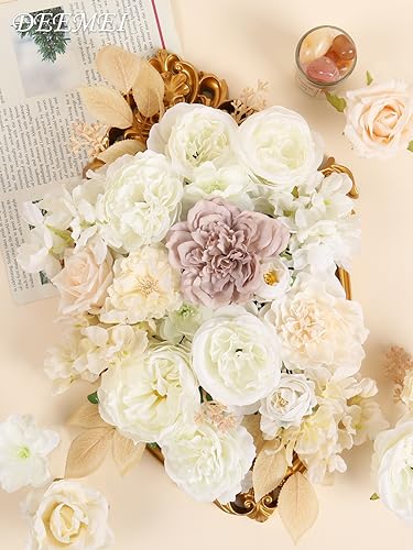 Artificial Flowers Combo Box Set Fall Fake Flowers Silk Mix Roses Peonies with Stems for DIY Bridal Wedding Decor Bouquets Centerpieces Baby Shower Party Home Decorations Cream White 30pcs - color: Creamy White