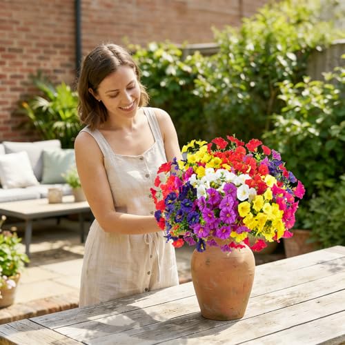 BSGlobal 12 Bundles Artificial Flowers for Outdoors Decoration, Fake Silk Morning Glory Flowers UV Resistant Faux Eucalyptus Plants for Home Garden Balcony Yard Porch(Mix) - color: 4 Mixed Colors(3 Fuchsia/3 Purple/3 Yellow/3 Red)