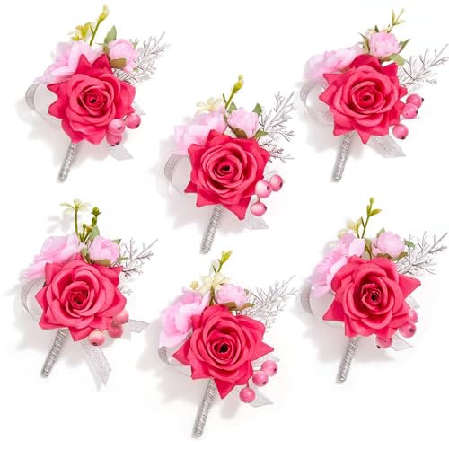 Serwalin 6 Pcs Hot Pink Boutonniere for Men, Groom Groomsmen Best Man Guest Boutonnieres，Artificial Flowers Silk Rose for Wedding Prom Ceremony Anniversary Party Homecoming - color: Hot Pink, size: Boutonniere 6pcs