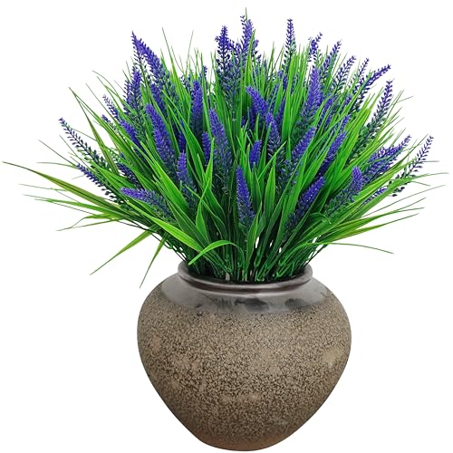 22 Bundles 7 ForK Faux Flowers For Outdoor Planters– Lavender Floral Artificial with Fake Tall Grass, UV Resistant artificial Outdoor Flowers for Garden Porch Window Patio Hanging Planter Home Decor