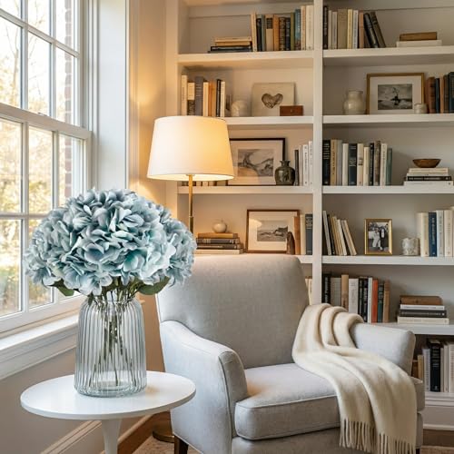 2Bouquets Artificial Fake Flowers Silk Hydrangea Arrangements Wedding Bouquets Decorations Plastic Floral Home Kitchen Garden Party Festival Bar DIY(Ice Blue) - color: Ice Blue, 5 Flower Heads