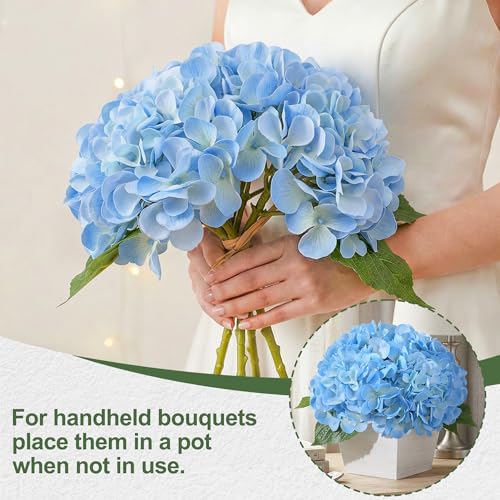 Artificial Hydrangea Flowers Arrangement in Wood Planter, 4PCS Fake Blue Flowers in Wooden Vase Potted Floral Centerpieces for Tables Living Room Home Office Room Shelf Kitchen Decor - color: Light Blue Hydrangea