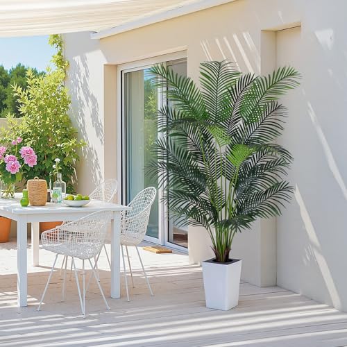 Artificial Palm Tree with White Tall Planter, 7ft Tall Potted Artificial Silk Palm Tree Plant, Fake Tropical Plant, Home Office Floor Room Decor Plants Indoor Outdoor, Housewarming Gift - size: 7ft
