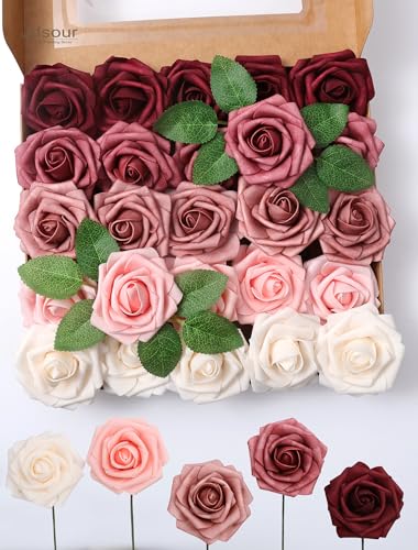 25pcs Artificial Flower，Real Looking Foam Roses w/Stem for DIY Wedding Bouquets Centerpieces Bridal Shower Party Decor-Shades of Burgundy - color: Shades of Burgundy