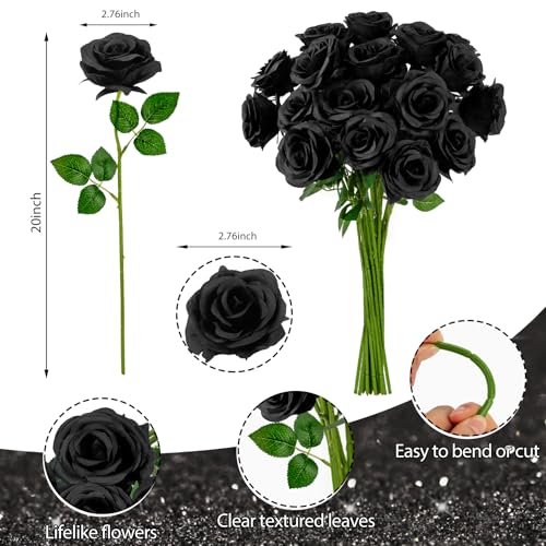 Ouddy Decor 20 Pcs Fake Black Roses Artificial Silk Flowers with Long Stems for Mother's Day Wedding Home Party Table Centerpieces Bridal Bouquet DIY Floral Arrangment, Black - color: Black, size: 20 Packs