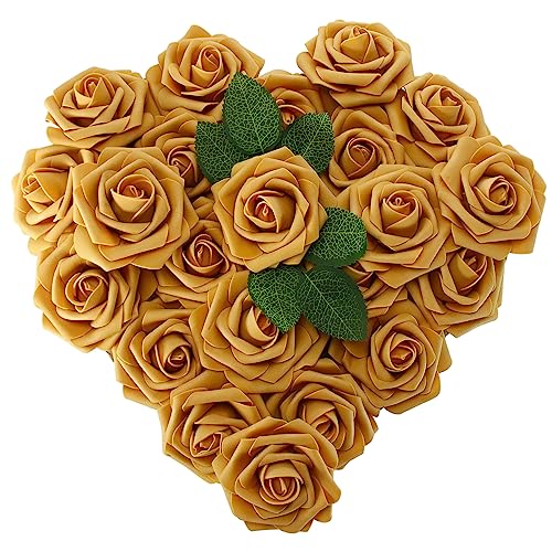 [25PCS] Gold Roses Artificial Flowers with Long Stem Real Touch Fake Foam Roses for Decoration DIY Wedding Bouquets Centerpieces Bridal Shower Mothers Day Party Flower Arrangements Home Decor - color: Rose