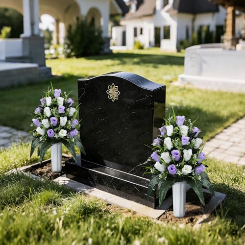 XONOR 2 Sets Artificial Cemetery Flowers, Grave Decorations Roses, Memorial Flowers Bouquet with Vase for Grave Cemetery Decoration (Light Purple&White) - color: Light Purple&white