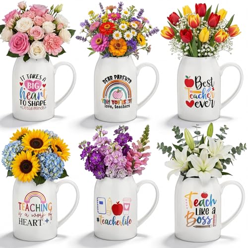 6 Pieces Teacher Appreciation Gifts, Teacher Flower Vase with Small Handle, Ceramic Rainbow Vases, End of School Year & Graduation Thank You Gifts for Women Christmas Teachers Appreciation