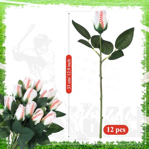 Suhine 12 Pcs Artificial Baseball Rose Flowers Sports Party Favors Bulk for Birthday Graduation Wedding Party Decorations Table Centerpieces Game Prizes Senior Night Gifts(Baseball Color, Normal) - color: Baseball Color, size: Normal