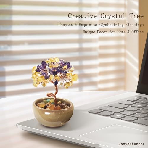Amethyst Citrine Crystal Tree,Dual Color Art Decor with Copper Wire Sculpture in Crackle Base,Imagination Gift - color: 5-amethyst Sunrise
