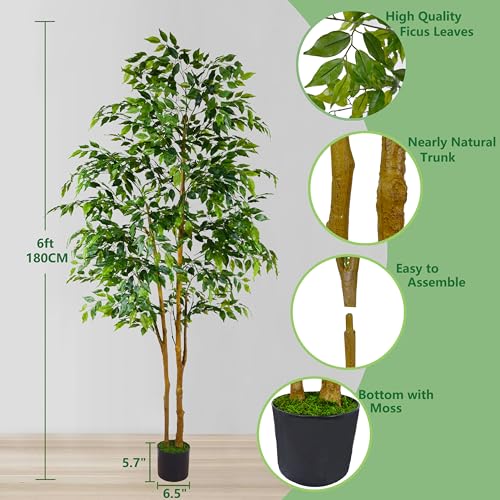 Warmplants Artificial Ficus Tree, 7ft Silk Fake Ficus Leaves Plant with Basket, Indoor Outdoor Faux Green Tree for Home Garden Office House Livingroom Décor - color: Ficus, size: 7ft