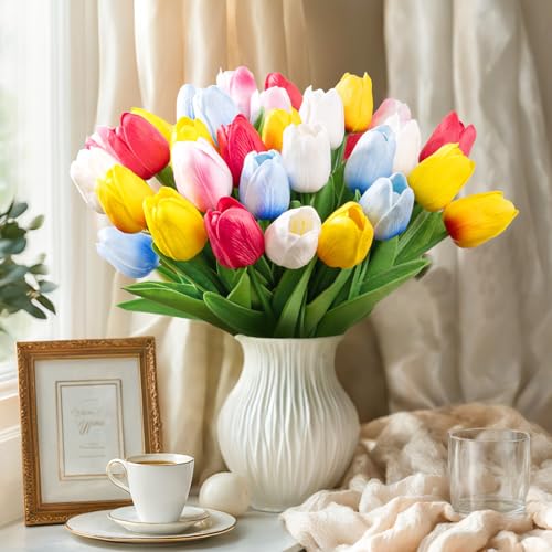U'Artlines 30Pcs Fake Tulips Artificial Flowers with Stems Faux Tulips Bouquet Real Touch Flower for Wedding Home Kitchen Spring Easter Mother's Day Floral Arrangement Decor (Multi Colors) - color: Multi Color