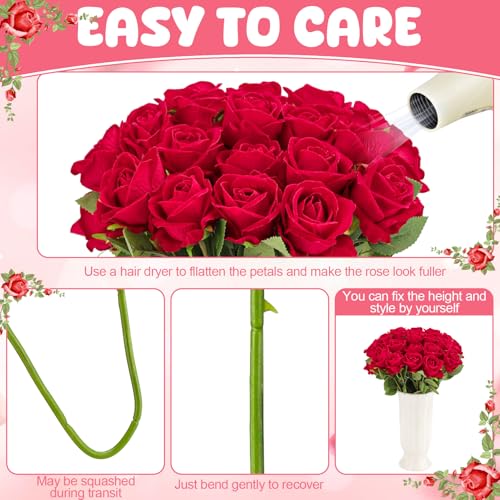 36 Pcs Velvet Silk Red Rose Bouquet Bridal Artificial Flowers,Fake Rose Long Stem Realistic Flowers Bulk for Wedding Bouquet Ball Arrangement Centerpiece Party Decor - color: Red