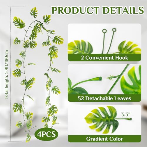 RAINFLOW 4PCS Faux Greenery Leaf Garland - 5.9Ft Artificial Monstera Leaves Vines, Tropical Palm Leaves Ivy Vine Monstera Garland for Table Wall Stairs Porch Wedding Hawaiian Jungle Themed Party Decro - size: 5.9Ft