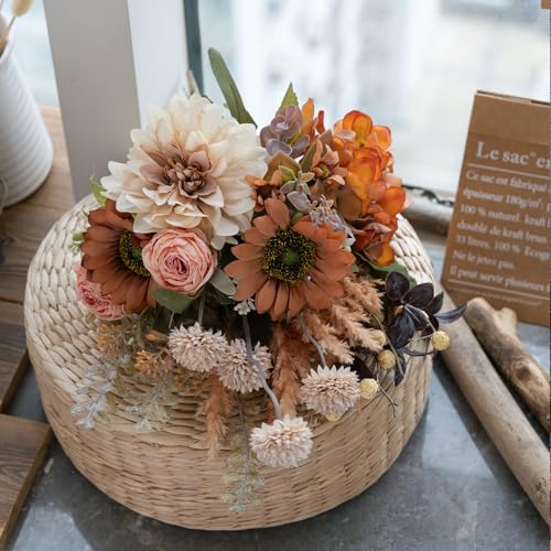 17-inch Artificial Fake Faux Flowers Silk Flower Arrangements Bouquets with Dandelions, Dahlias, Hydrangeas, Sunflowers, Roses, Astilbes and Shooting Star Branches(Autumn Haze) - color: Autumn Haze