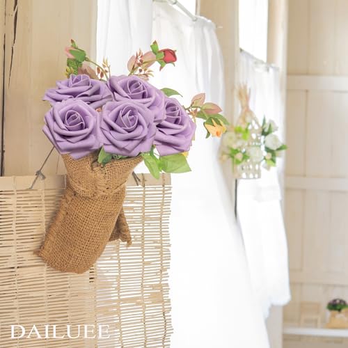 Artificial Roses Flowers 25Pcs Real Touch Roses with Stem Foam Fake Roses for DIY Wedding Bouquets Centerpieces Arrangement Party Baby Shower Home Decorations (Purple) - color: Purple