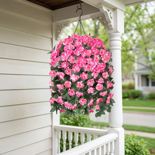 Fake Geraniums Artificial Hanging Flowers Basket for Outdoors, Spring Outdoor Hanging Plants Faux Silk Geraniums Vines in Planter UV Resistant Realistic for Outside Porch Yard Balcony Patio, Pink - color: Pink