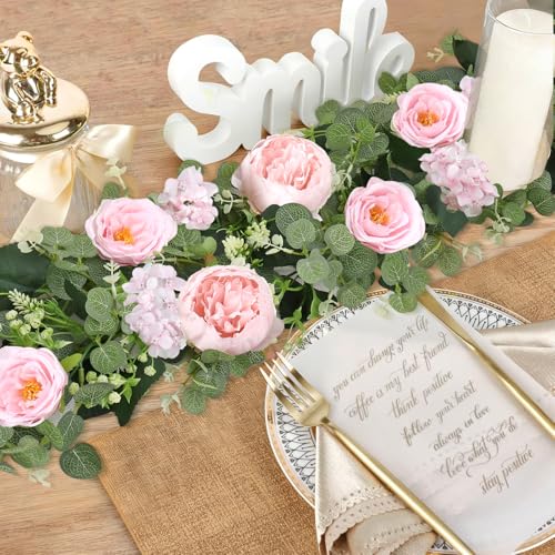 Betylifoy 2 Pack 6.2Ft Pink Flower Garland Artificial Eucalyptus Flower Garlands Fake Peony Rose Floral Vines Silk Hydrangea Hanging Vine Greenery Garland for Wedding Party Table Wall Backdrop Decor - color: Pink