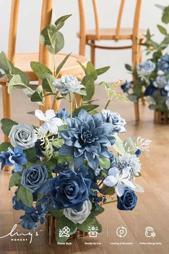 Ling's moment 17.5" Tall Standing Artificial Flowers Arrangements 4pcs Fall Wedding Aisle Runner Chair Decorations Dusty Blue & Navy Centerpieces for Ceremony Reception Rose Floral Party Outdoor - color: Blu-dusty Blue & Navy Blue
