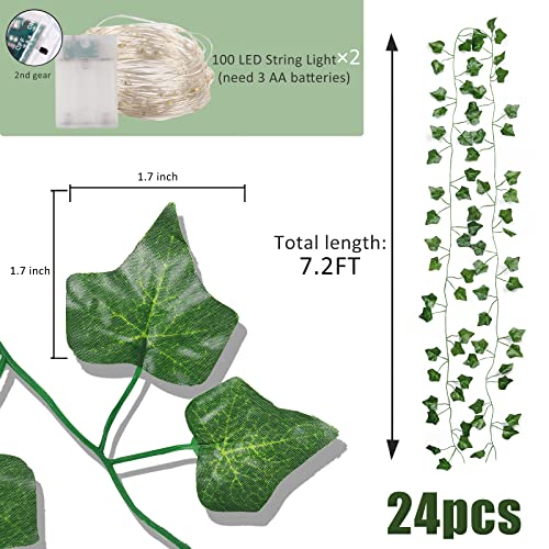 RECUTMS Ivy Fake Vines 24 Pack 173 FT Artificial Vine with 200 LED String Light Leaves Wall Decor Leaf Plants Greenery Garland Hanging Plant for Aesthetic Room Garden Office Wedding Decorations - color: Green-24 Light
