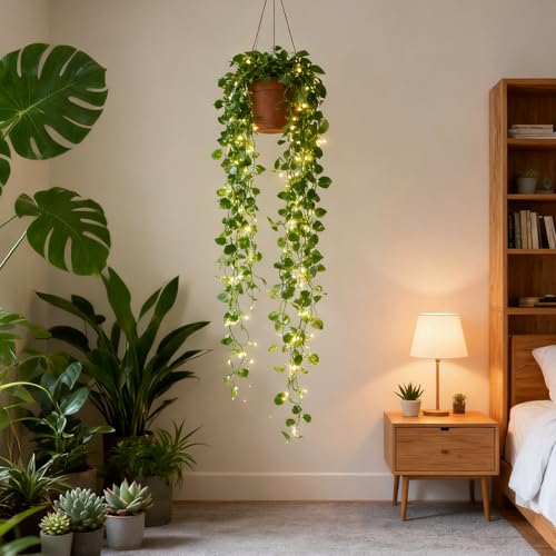 CEWOR Vines with Lights Battery Operated, 40ft 120 LED Ivy String Lights, Fake Ivy Garland with Lights for Home Wedding Decor (Pothos) - size: 40FT pothos with 120 lights