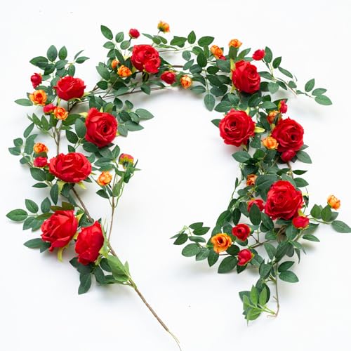 6FT Bendable Flower Garland, Artificial Rose Vine Hanging Floral Garland Decoration for Weding Home Room Wall Decor (Red, 1pcs) - color: Red, size: 1pcs