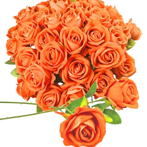 Rose Artificial Flowers Velvet Bouquet with Long Stem Real Touch Fake Roses Florals for Bridal Wedding Bouquet Party Arrangement Centerpiece Decorations (36, Orange) - color: Orange
