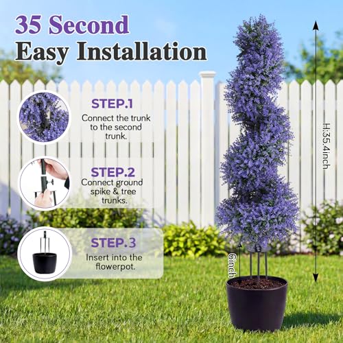 PATIO CHOICE 3ft Artificial Topiary Spiral Trees with Lavender Set of 2 High End Outdoor Faux Plants Realistic Fake Bushes Lilac Shrubs Decorations for Outdoor Front Porch Garden - color: Spiral Lavender, size: 3ft