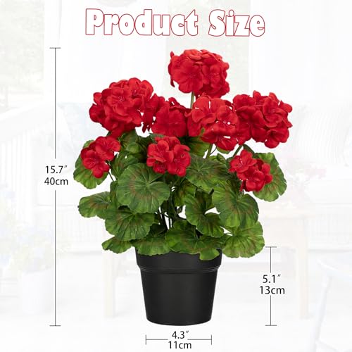 Briful Artificial Geranium Potted Plant – 16” Tall, Realistic Silk Flowers with Vibrant Green Leaves, Red Geraniums Fake Flowers for Outdoors Valentine's Day Home Décor, Farmhouse Office Tables Decor - color: Red