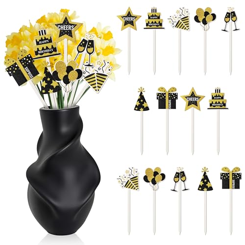 TICIAGA 14PCS Black Gold Birthday Wooden Decorative Picks, Vintage Gold Black and Silver Double-Sided Wooden Picks Cheers to Birthday Table Decorations, Black Gold Wood Decor for Home Vase Filler - color: Birthday Black Glod